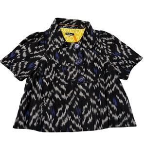 Anthropologie Taikonhu Cropped Short Sleeve Blazer Jacket Ikat Black Blue Sz 12